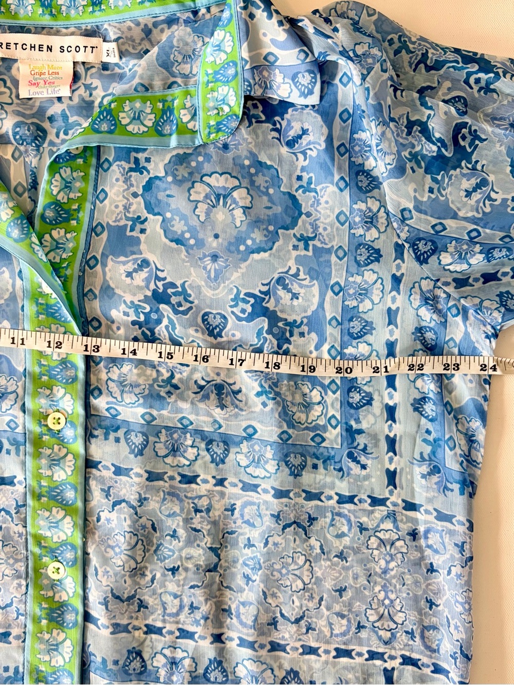 Gretchen Scott Designs Blue Floral Button-Down with Green Trim - Picture 5 of 7